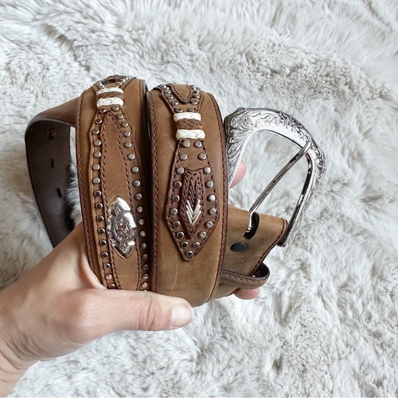 3D Belt Company Other - 3-D Western Men’s 44 Brown Leather Studded Braided Belt Silver Buckle